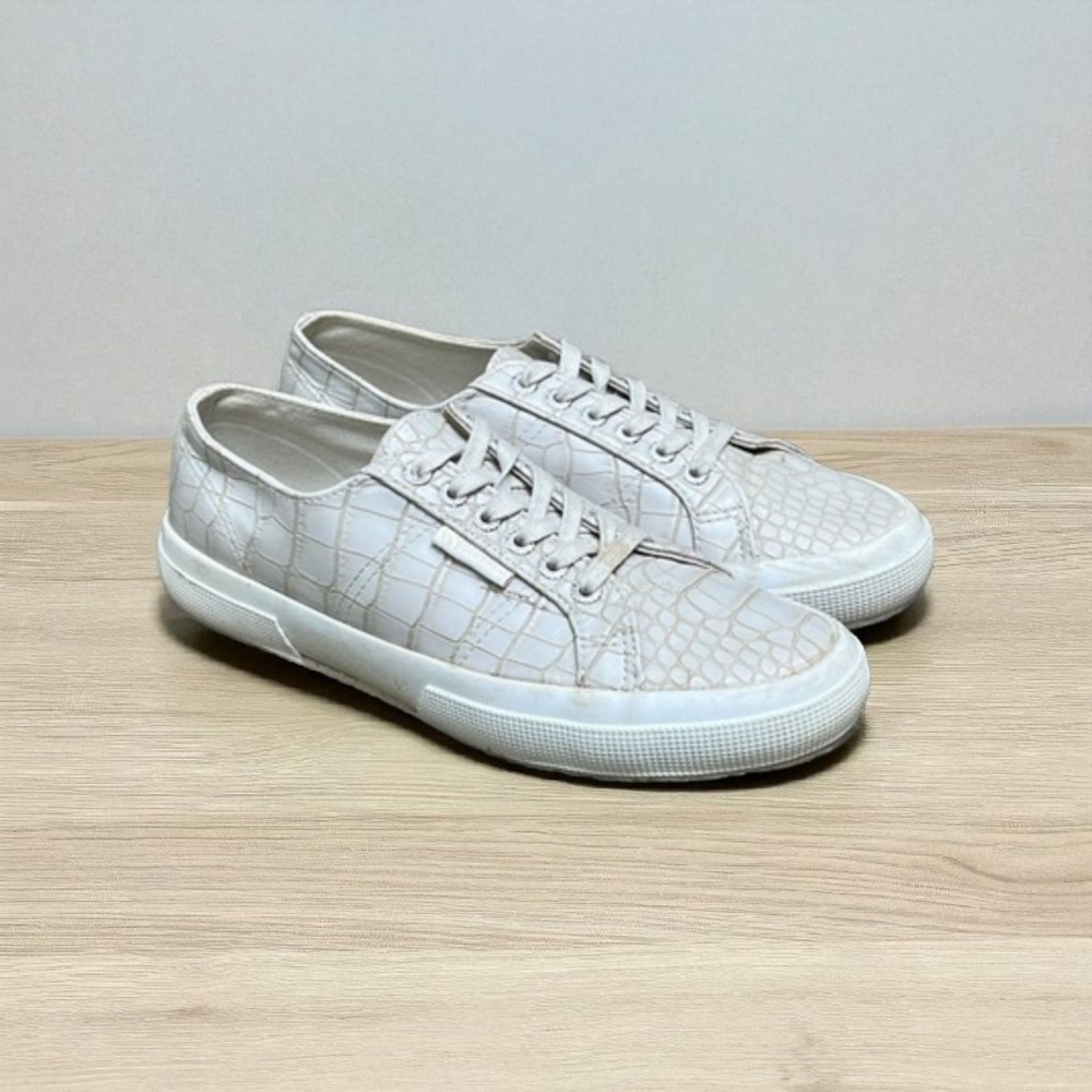 Superga White Croc-Embossed Low-Top Sneakers